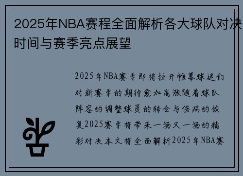 2025年NBA赛程全面解析各大球队对决时间与赛季亮点展望