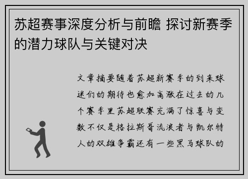苏超赛事深度分析与前瞻 探讨新赛季的潜力球队与关键对决