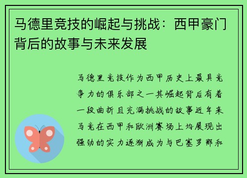 马德里竞技的崛起与挑战：西甲豪门背后的故事与未来发展
