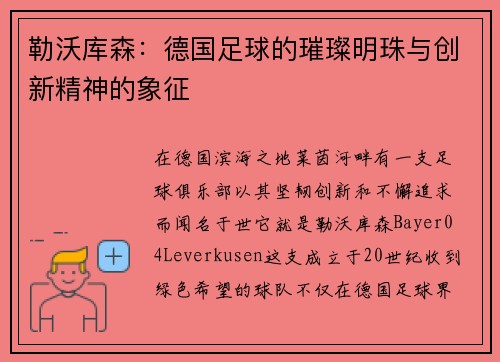 勒沃库森：德国足球的璀璨明珠与创新精神的象征
