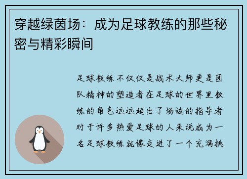 穿越绿茵场：成为足球教练的那些秘密与精彩瞬间