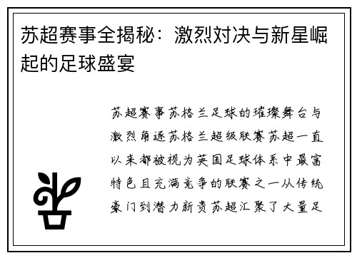 苏超赛事全揭秘：激烈対决与新星崛起的足球盛宴